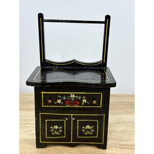 Pennsylvania Dutch Doll House Furniture Black Wooden Dresser/Comode W/Towel Rack
